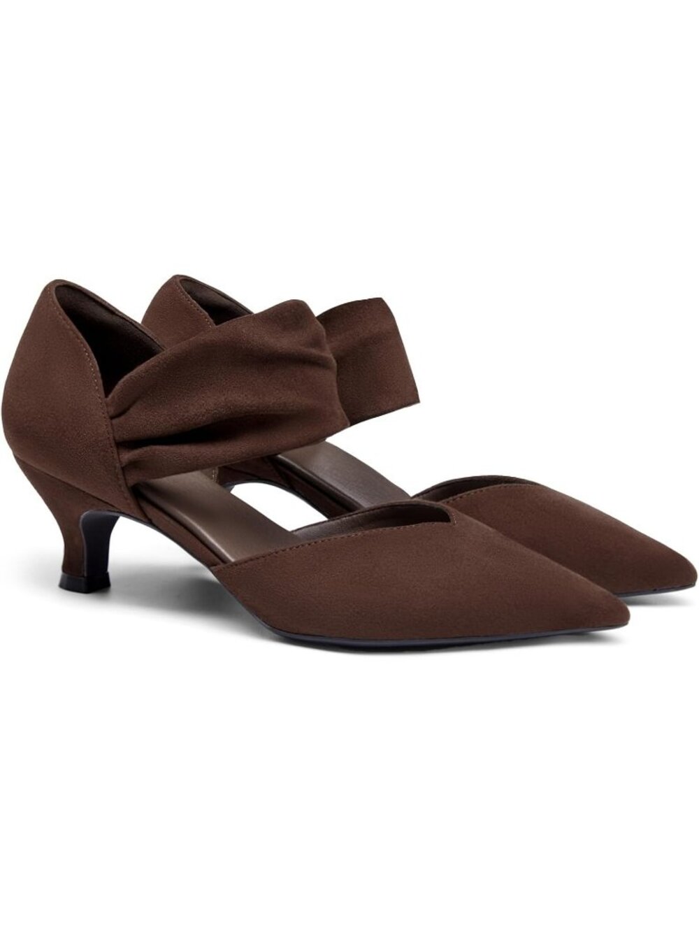 Women's Coffee Low Kitten Heel Shoes Pointed Toe Slip on Ankle Party Strap Pumps